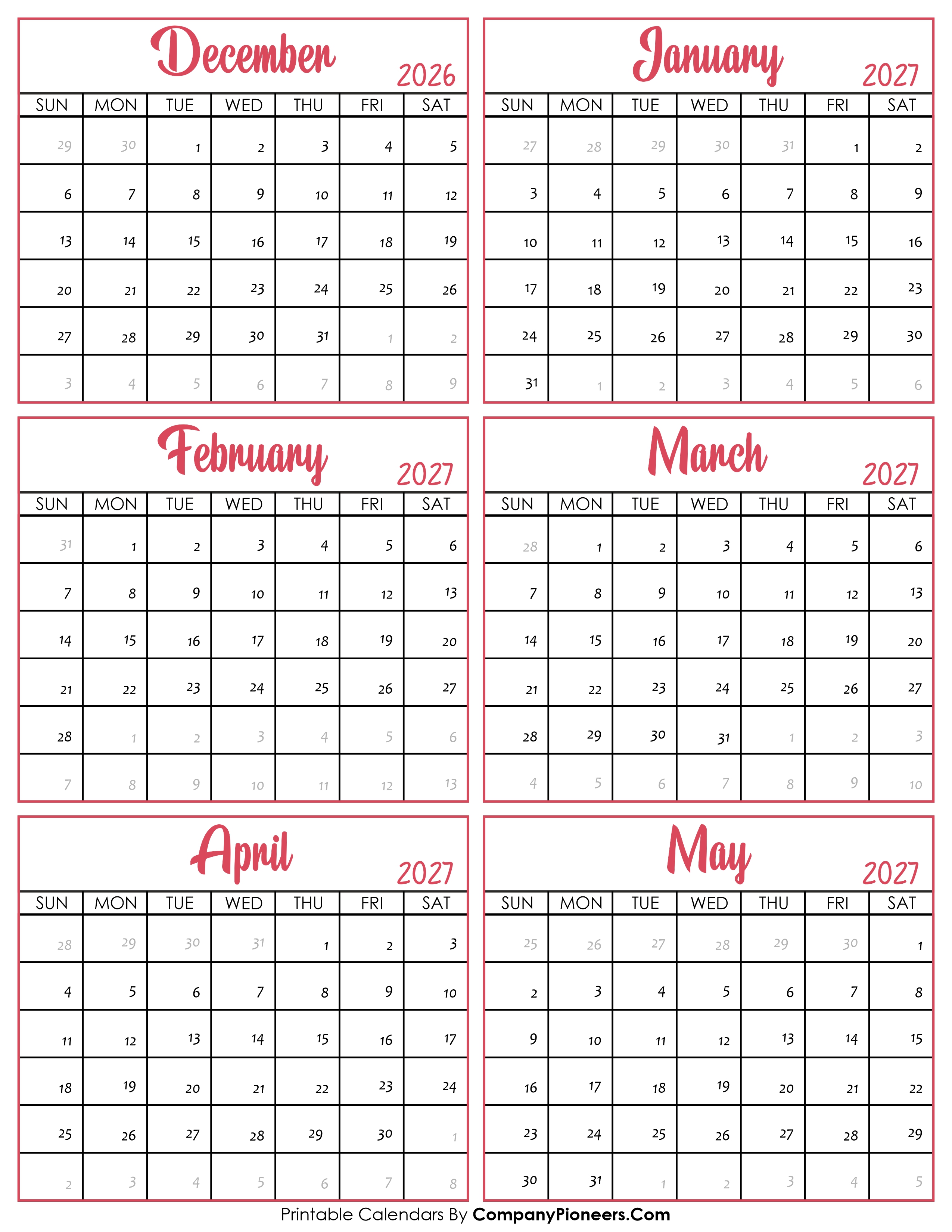 Calendar December 2026 to May 2027