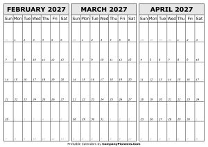 Calendar February to April 2027