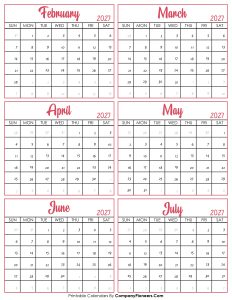 Calendar February to July 2027