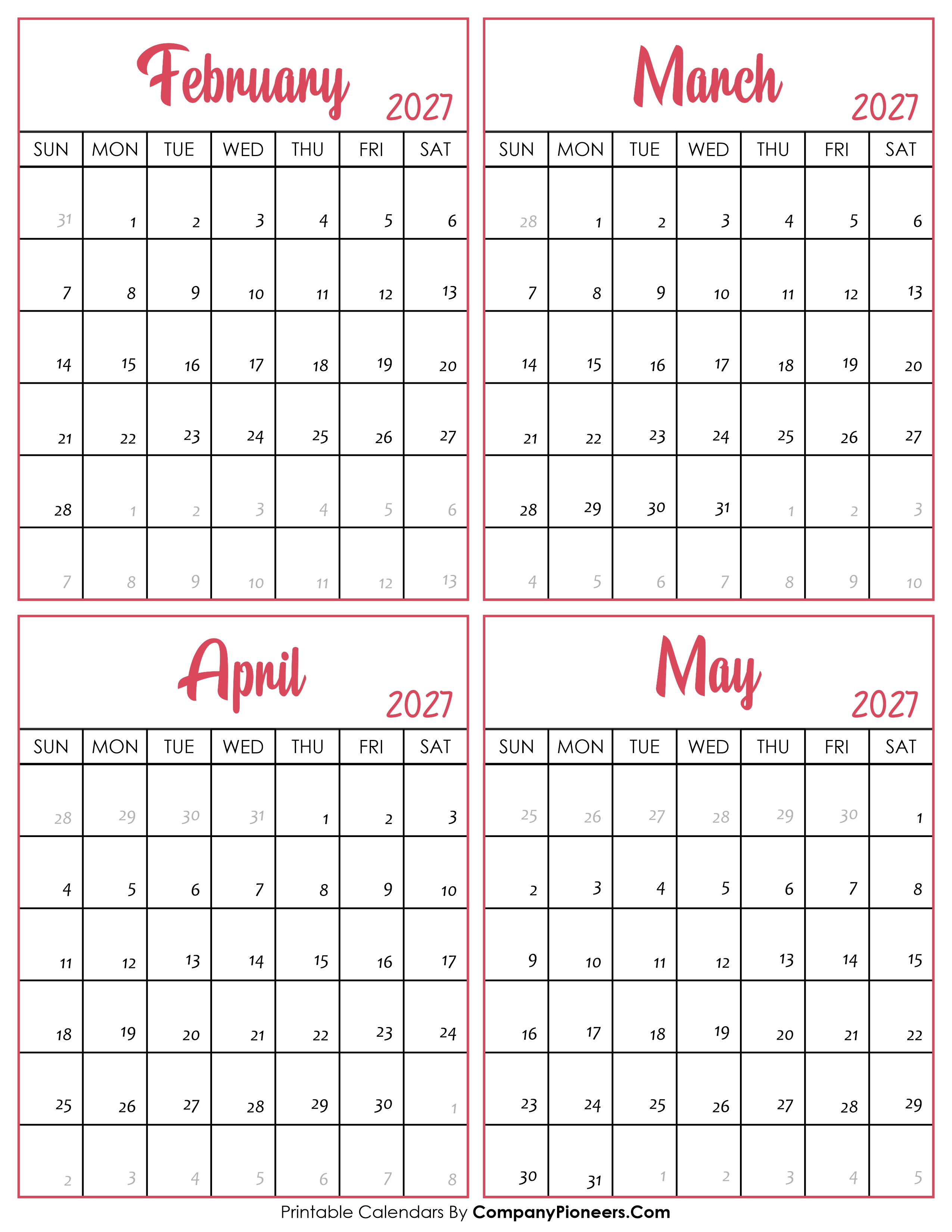 Calendar February to May 2027