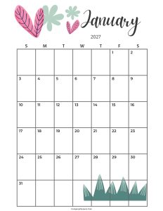 Calendar January 2027 Cute Cactus Leaves