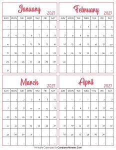 Calendar January to April 2027