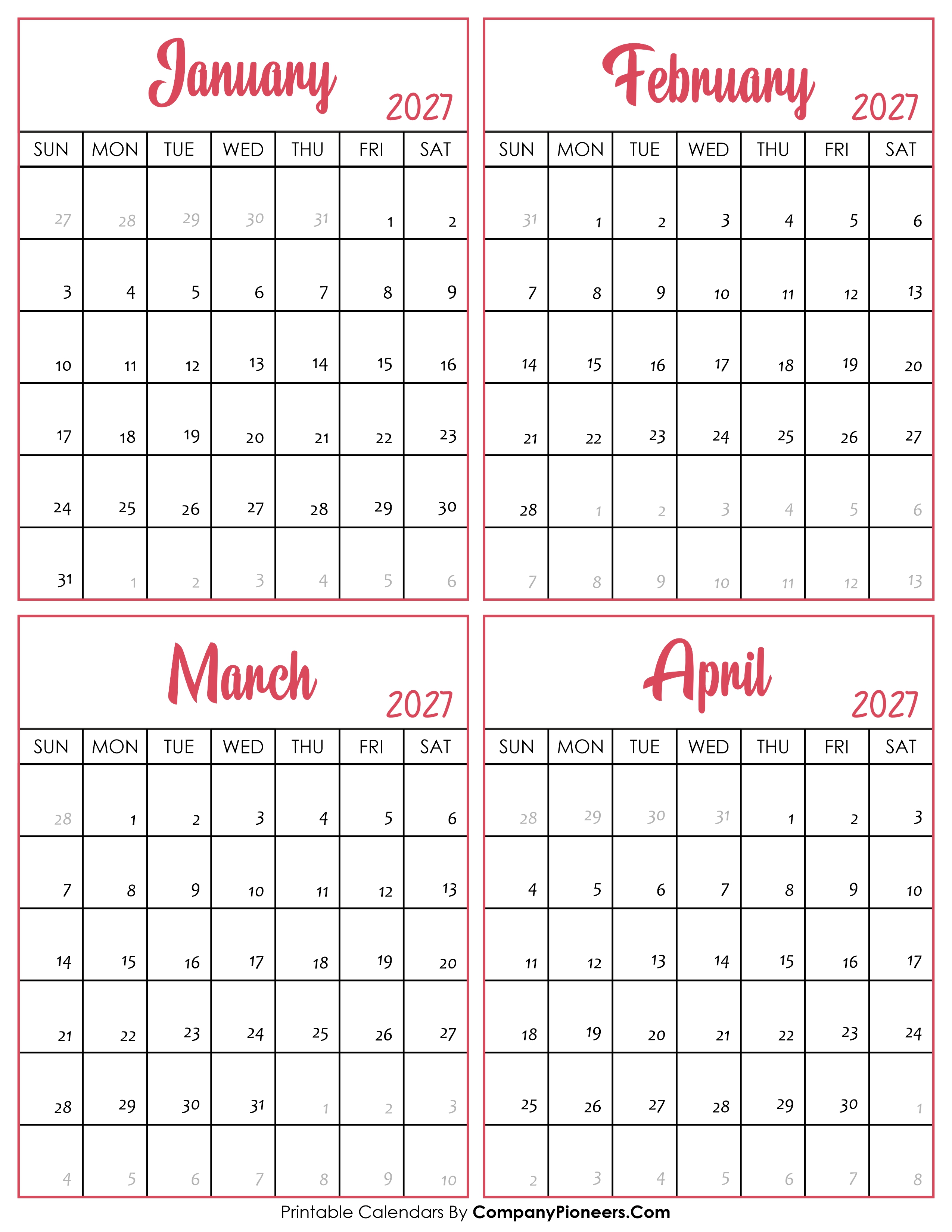 Calendar January to April 2027