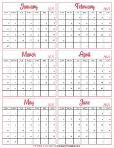 Calendar January to June 2027