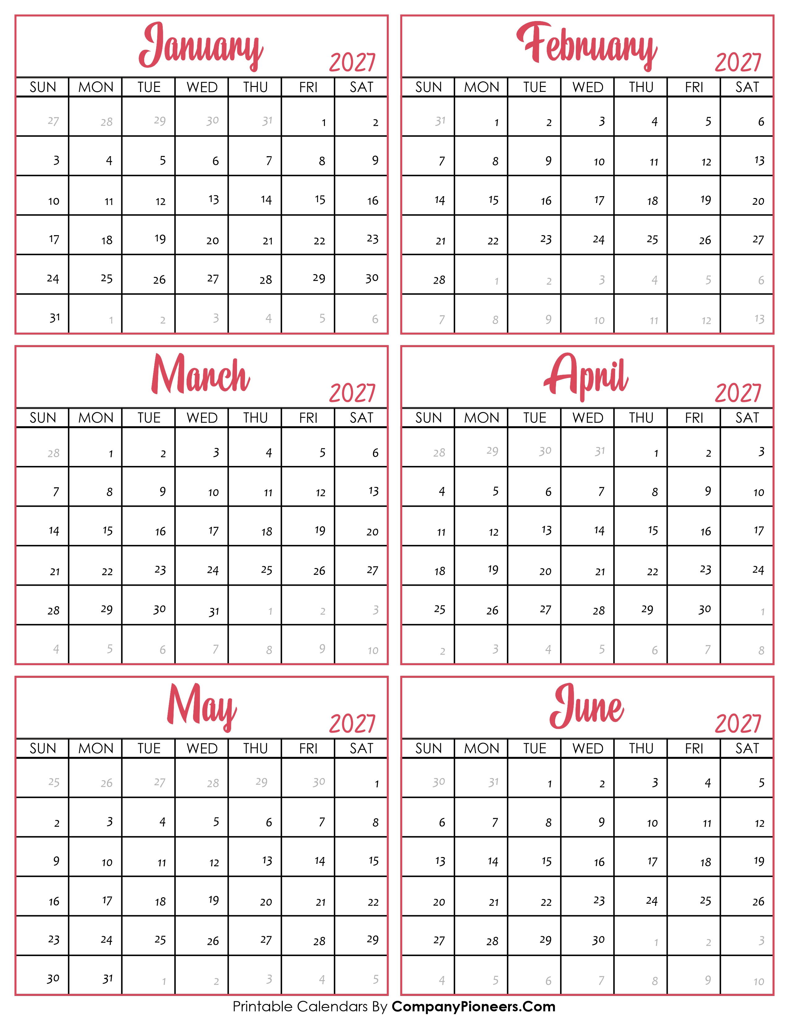 Calendar January to June 2027