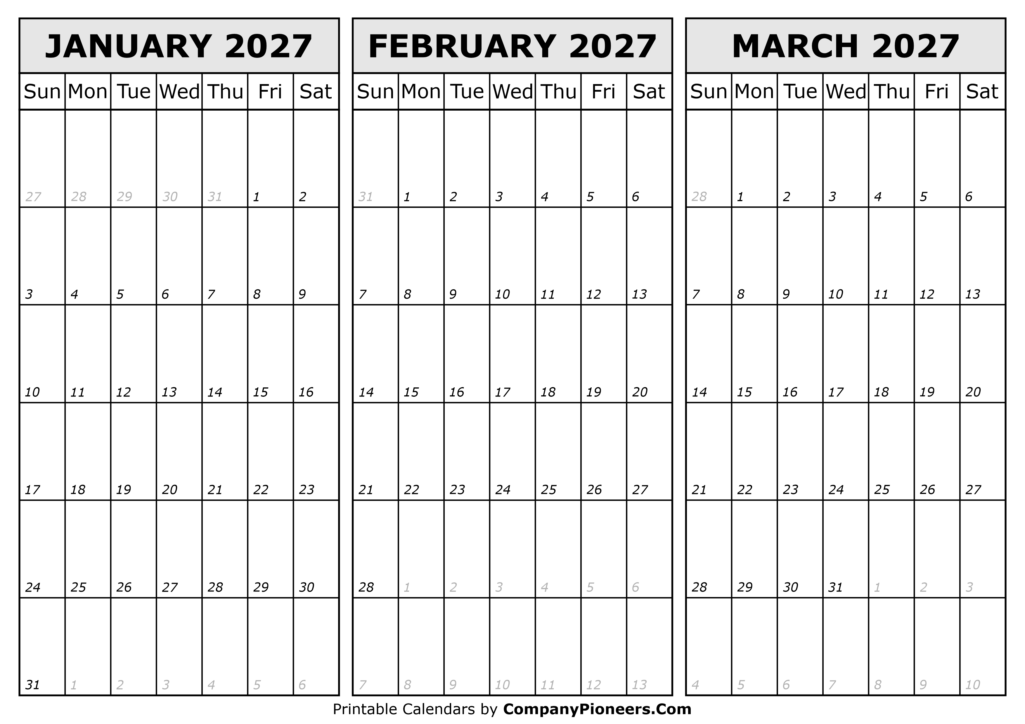 Calendar January to March 2027