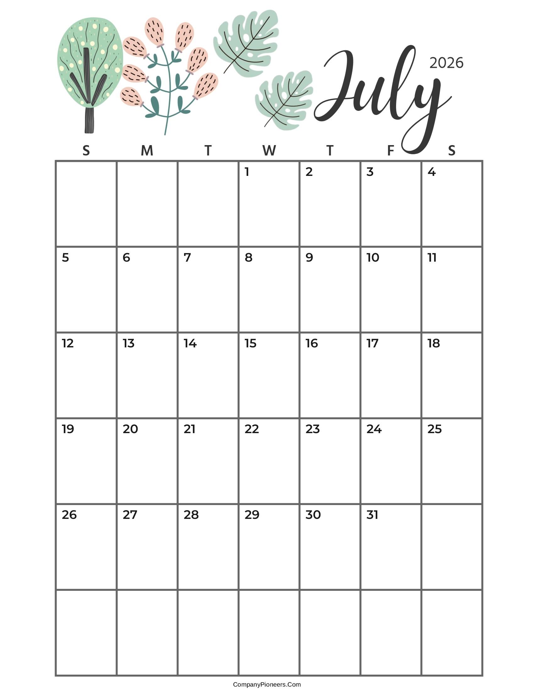 Calendar June 2026 Cute Cactus Leaves