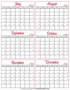 Calendar July to December 2026