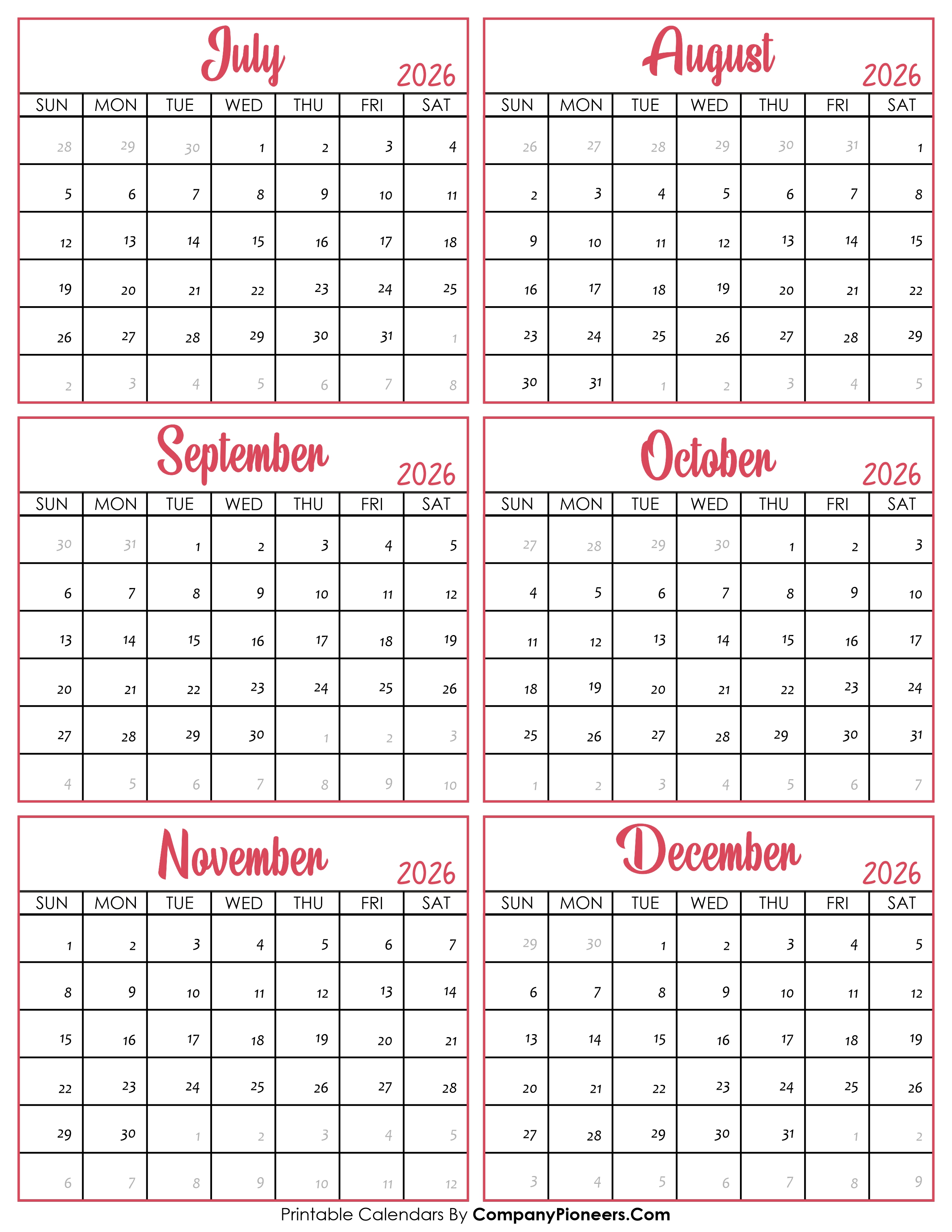 Calendar July to December 2026
