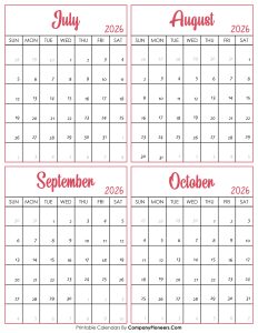 Calendar July to October 2026