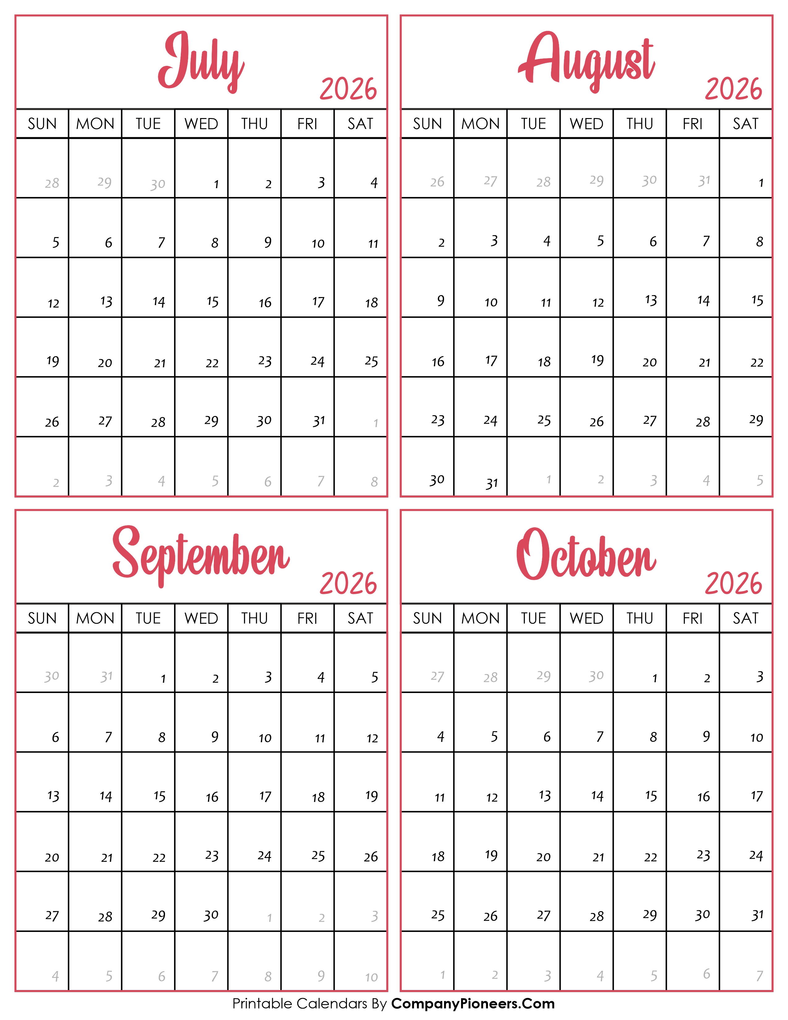 Calendar July to October 2026