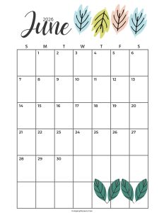 Calendar June 2026 Cute Cactus Leaves
