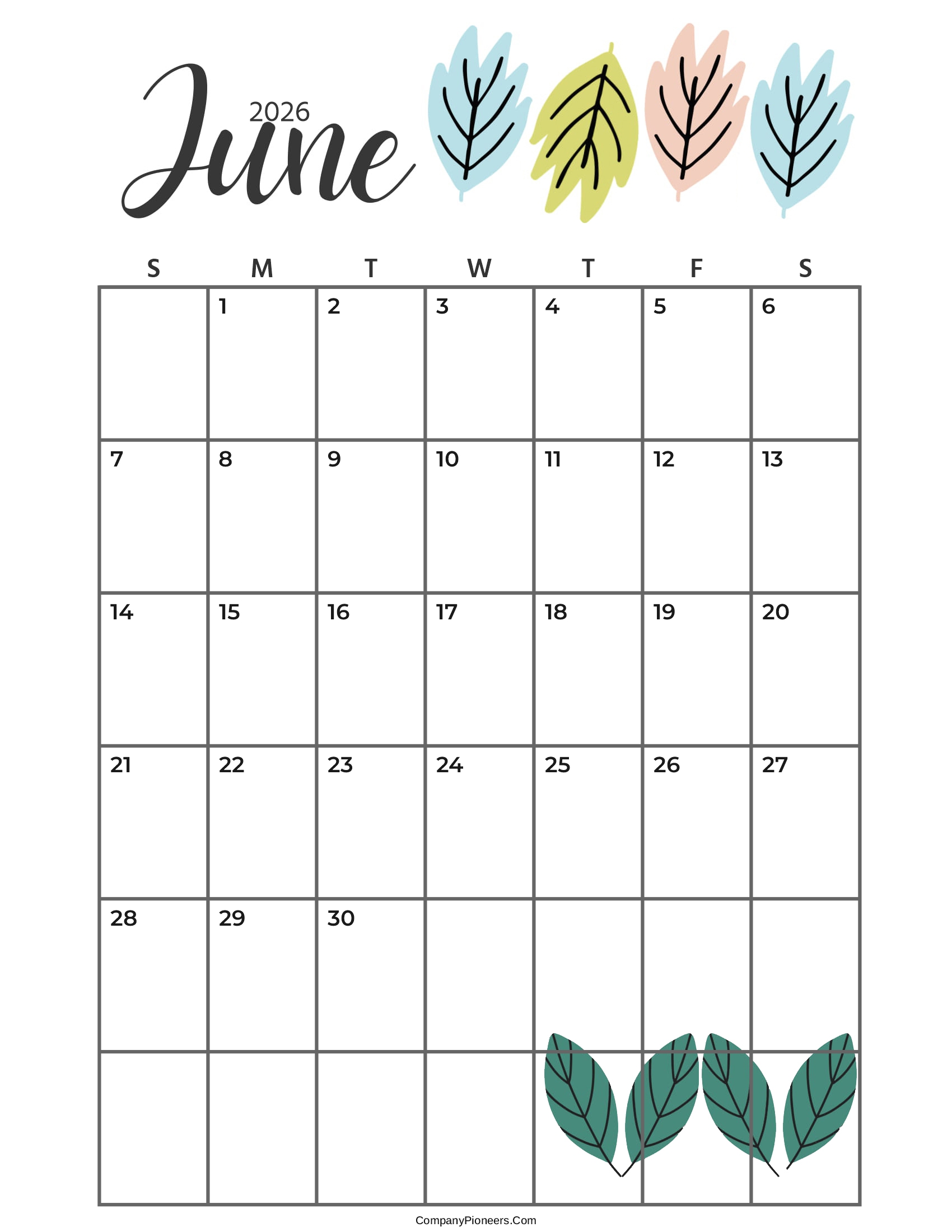 Calendar June 2026 Cute Cactus Leaves