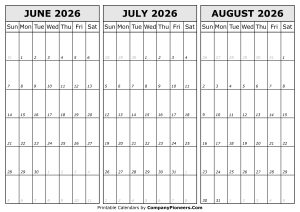 Calendar June to August 2026