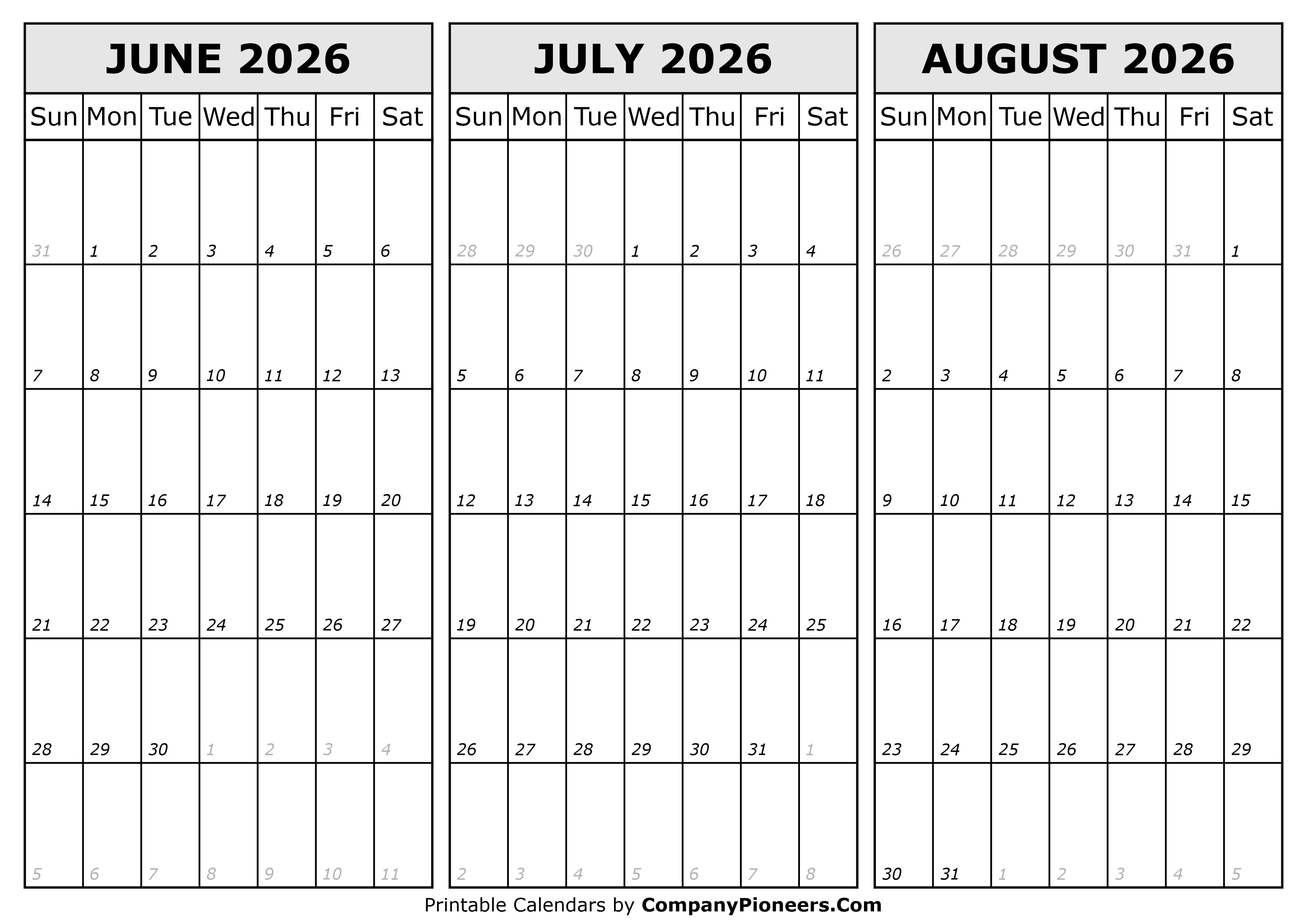 Calendar June to August 2026