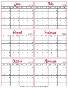 Calendar June to November 2026