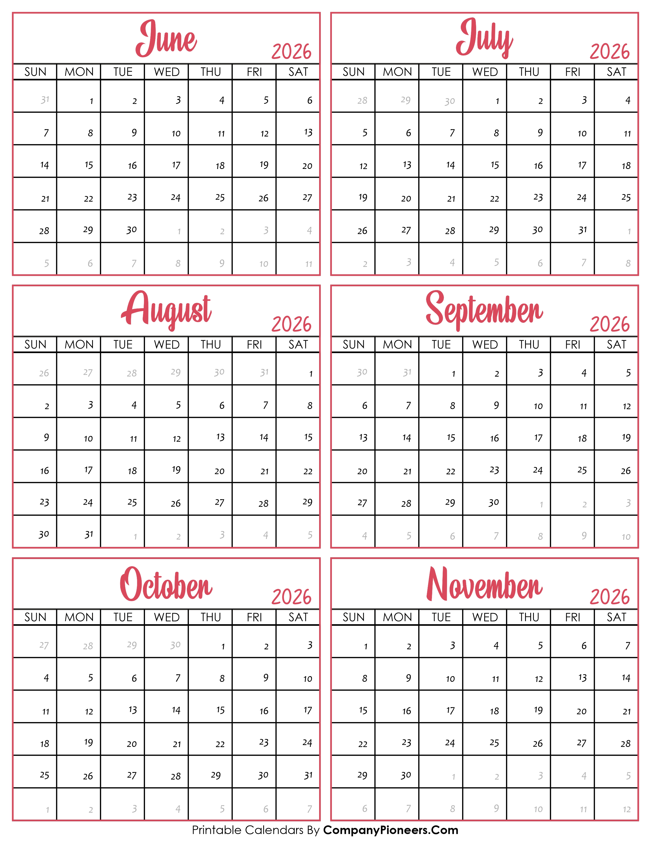 Calendar June to November 2026