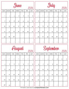 Calendar June to September 2026