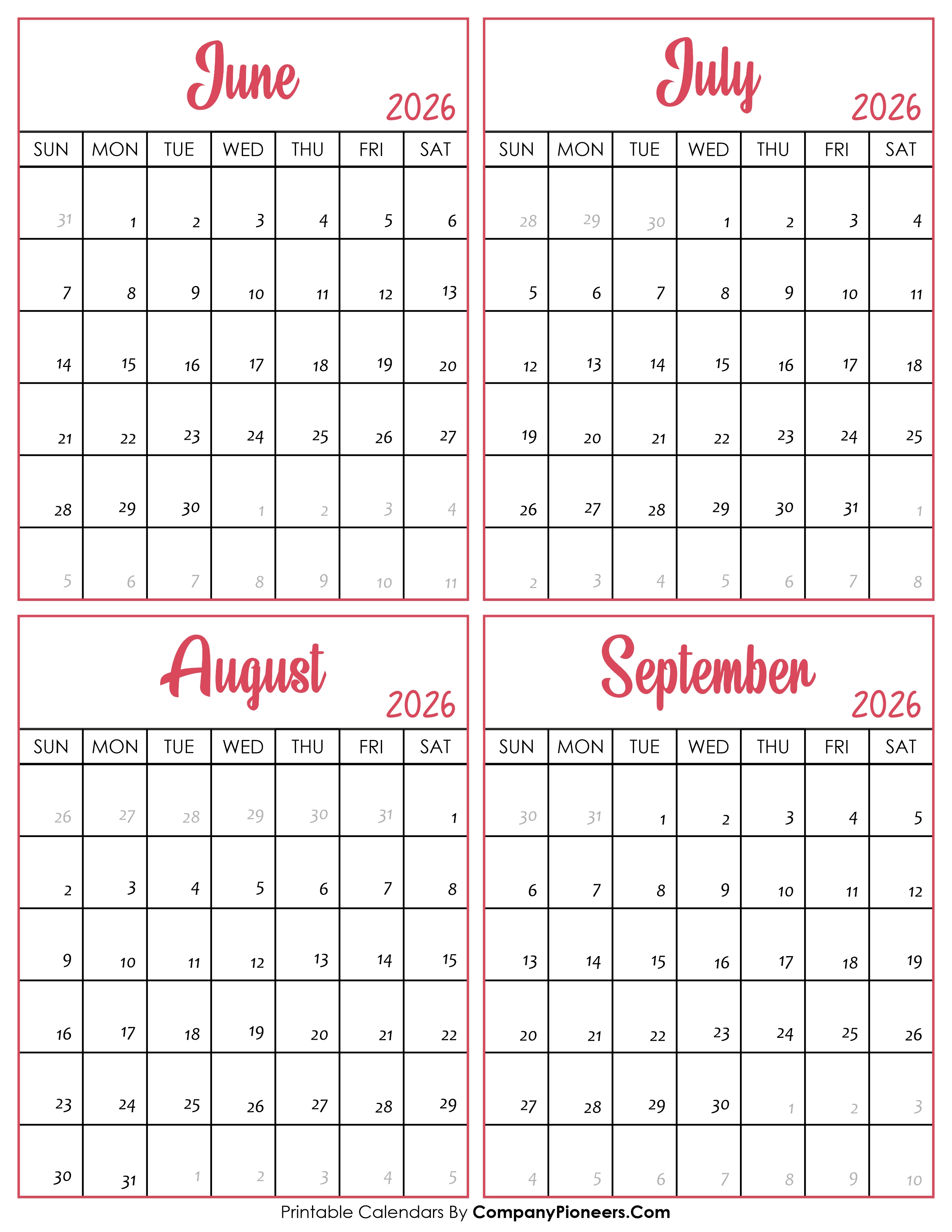 Calendar June to September 2026