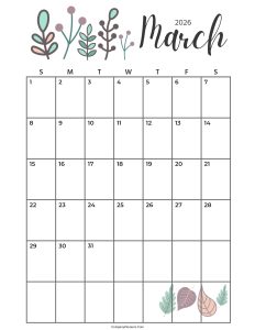 Calendar March 2026 Cute Cactus Leaves