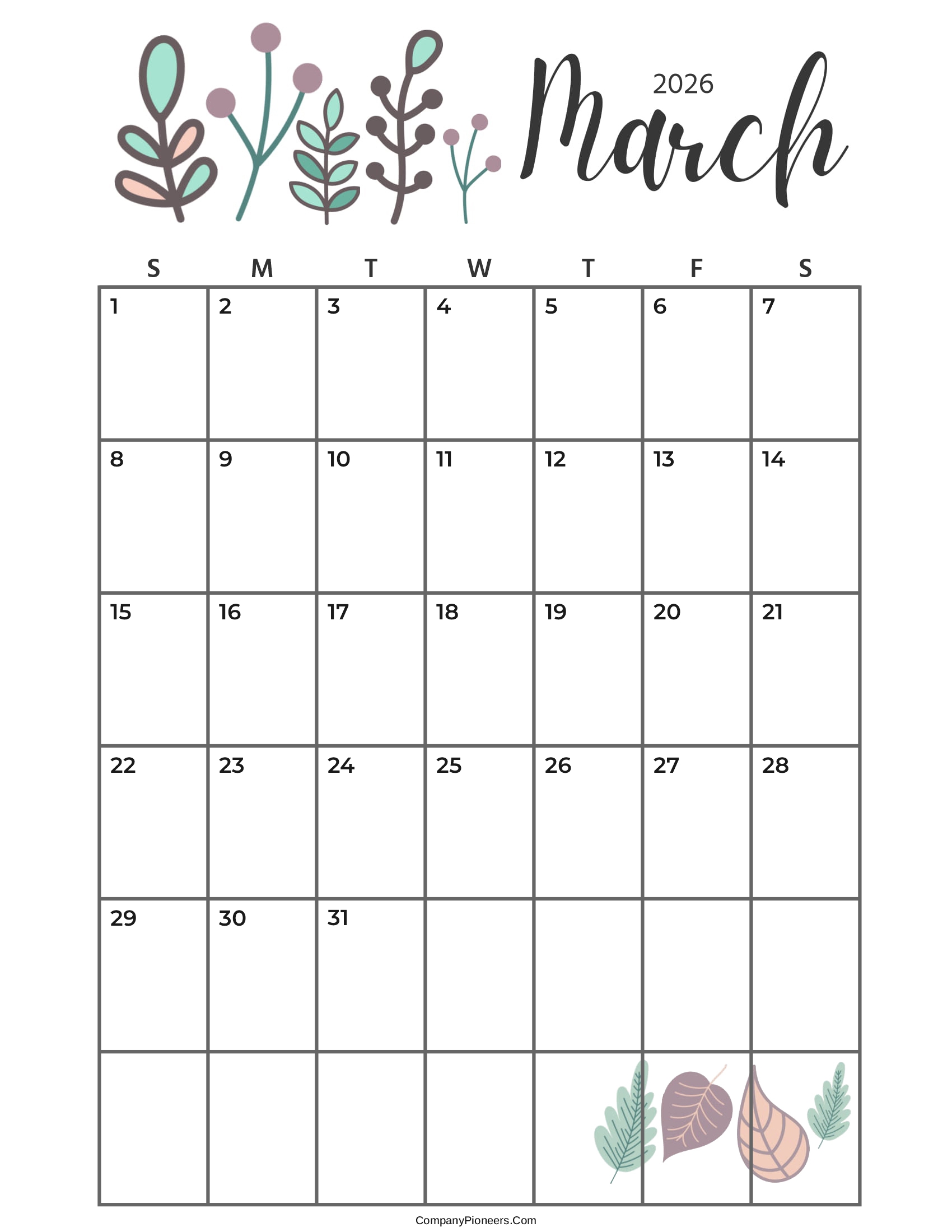 Calendar March 2026 Cute Cactus Leaves