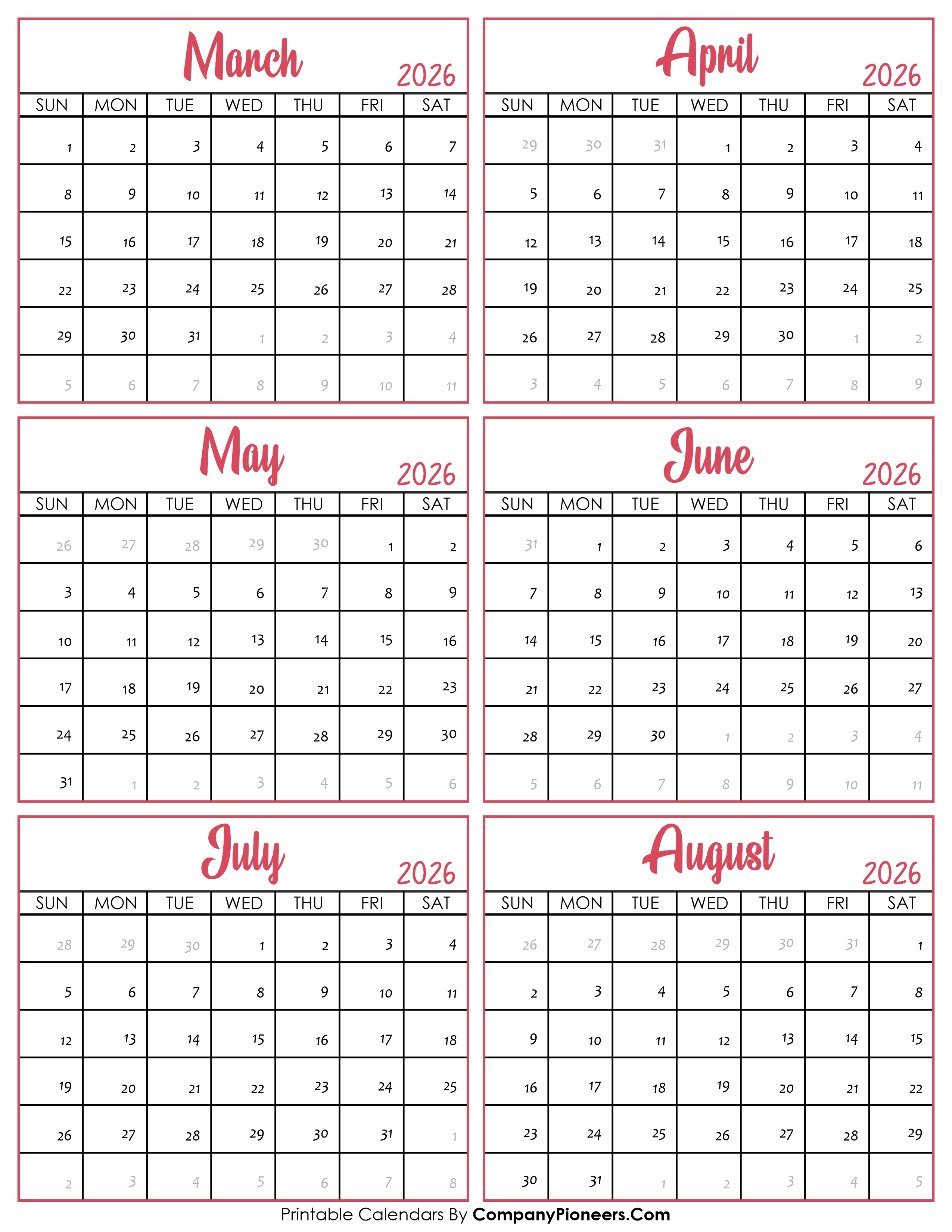 Calendar March to August 2026
