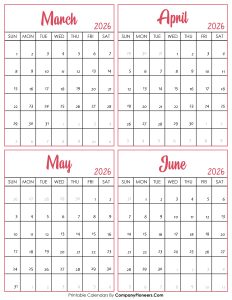 Calendar March to June 2026
