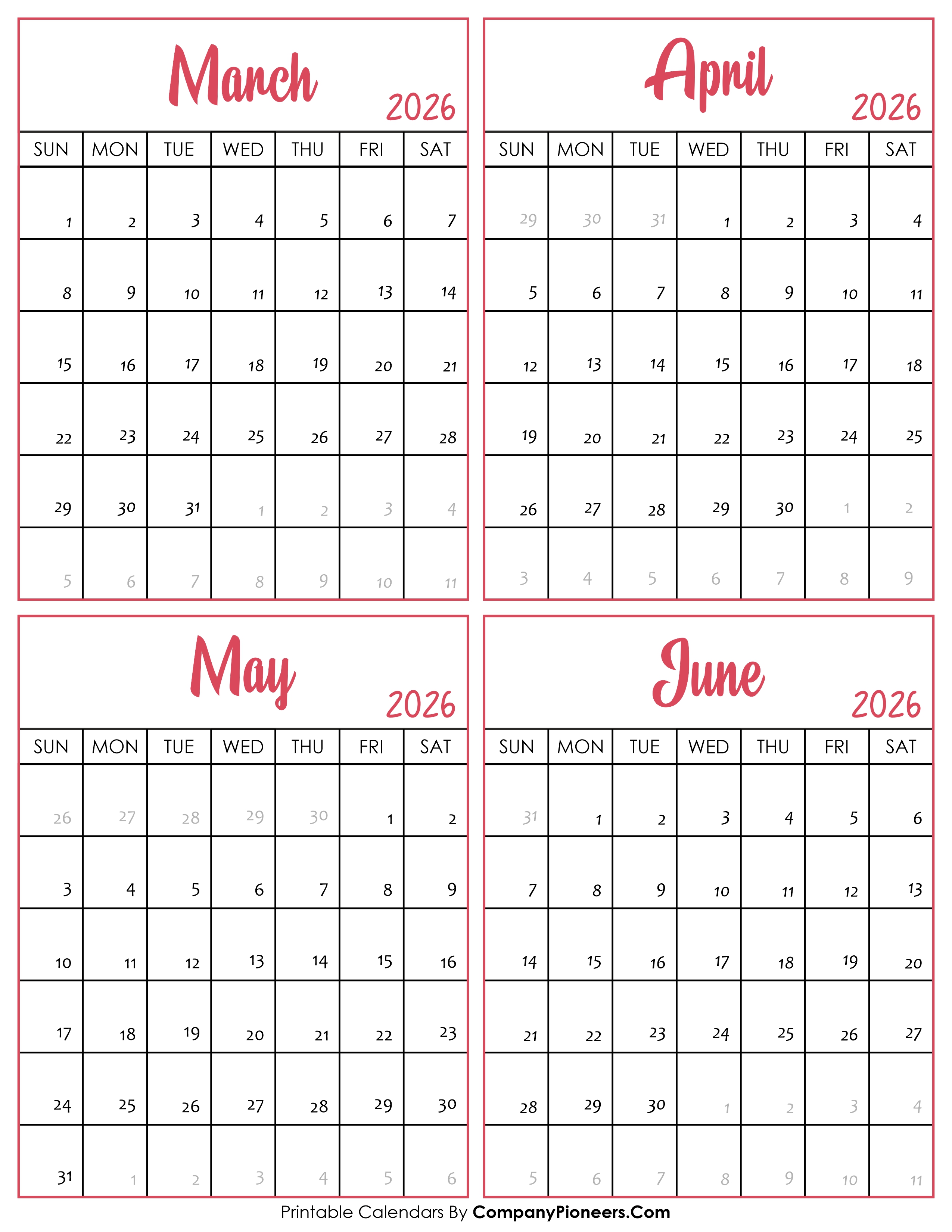 Calendar March to June 2026