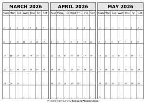 Calendar March to May 2026