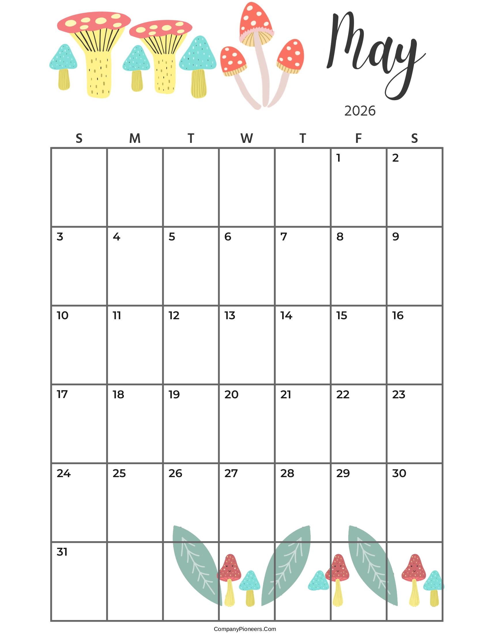 Calendar May 2026 Cute Cactus Leaves