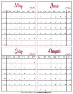 Calendar May to August 2026