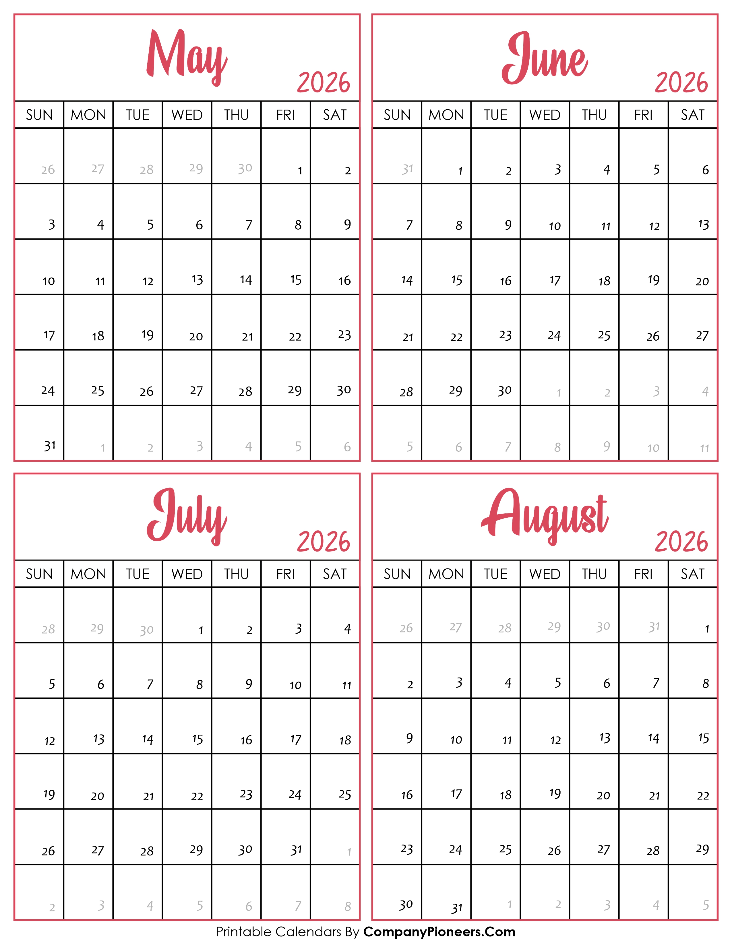 Calendar May to August 2026