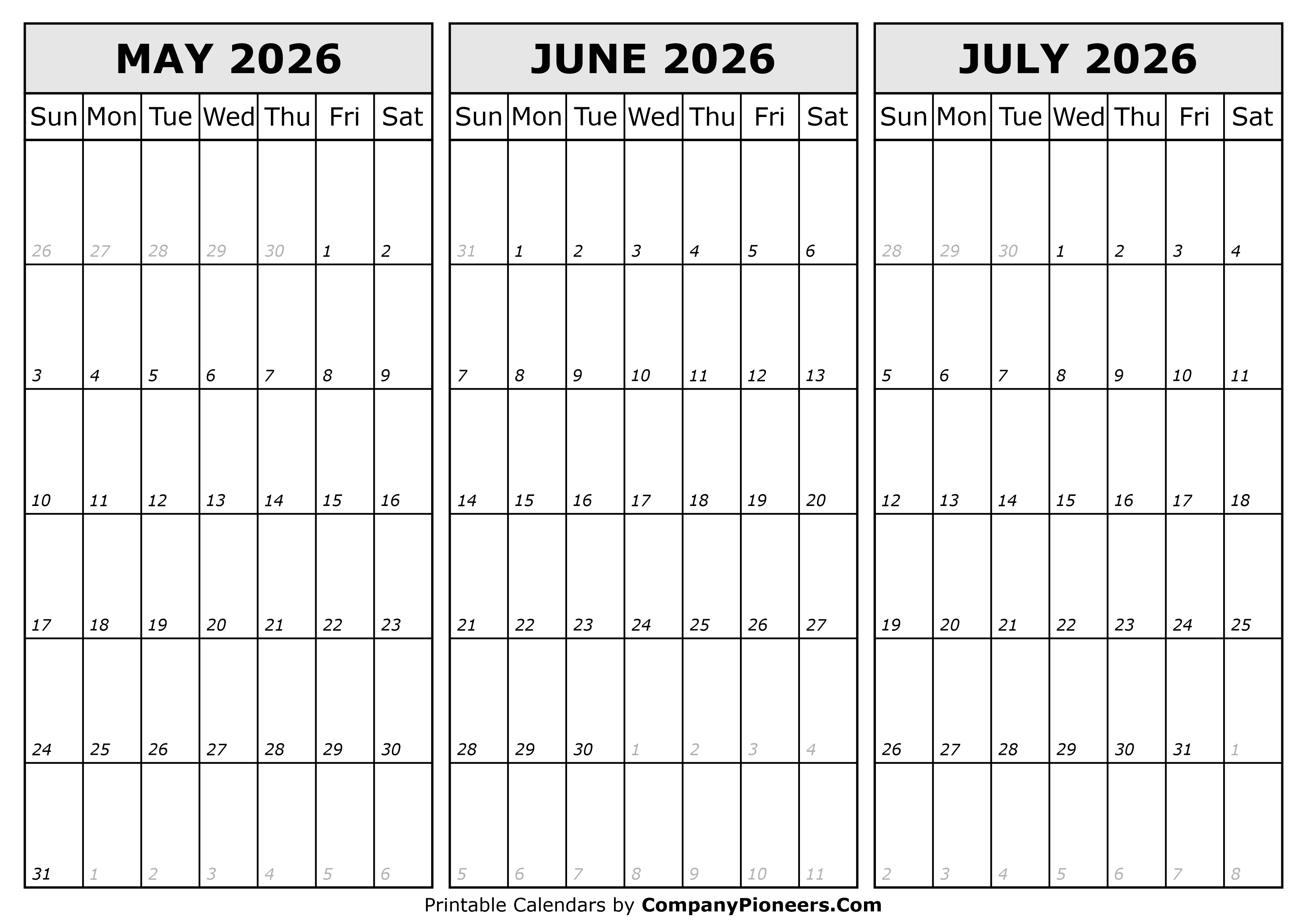 Calendar May to July 2026