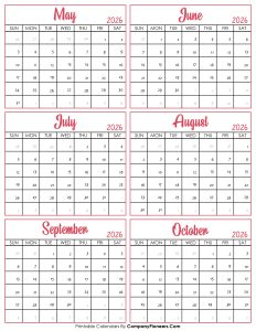 Calendar May to October 2026