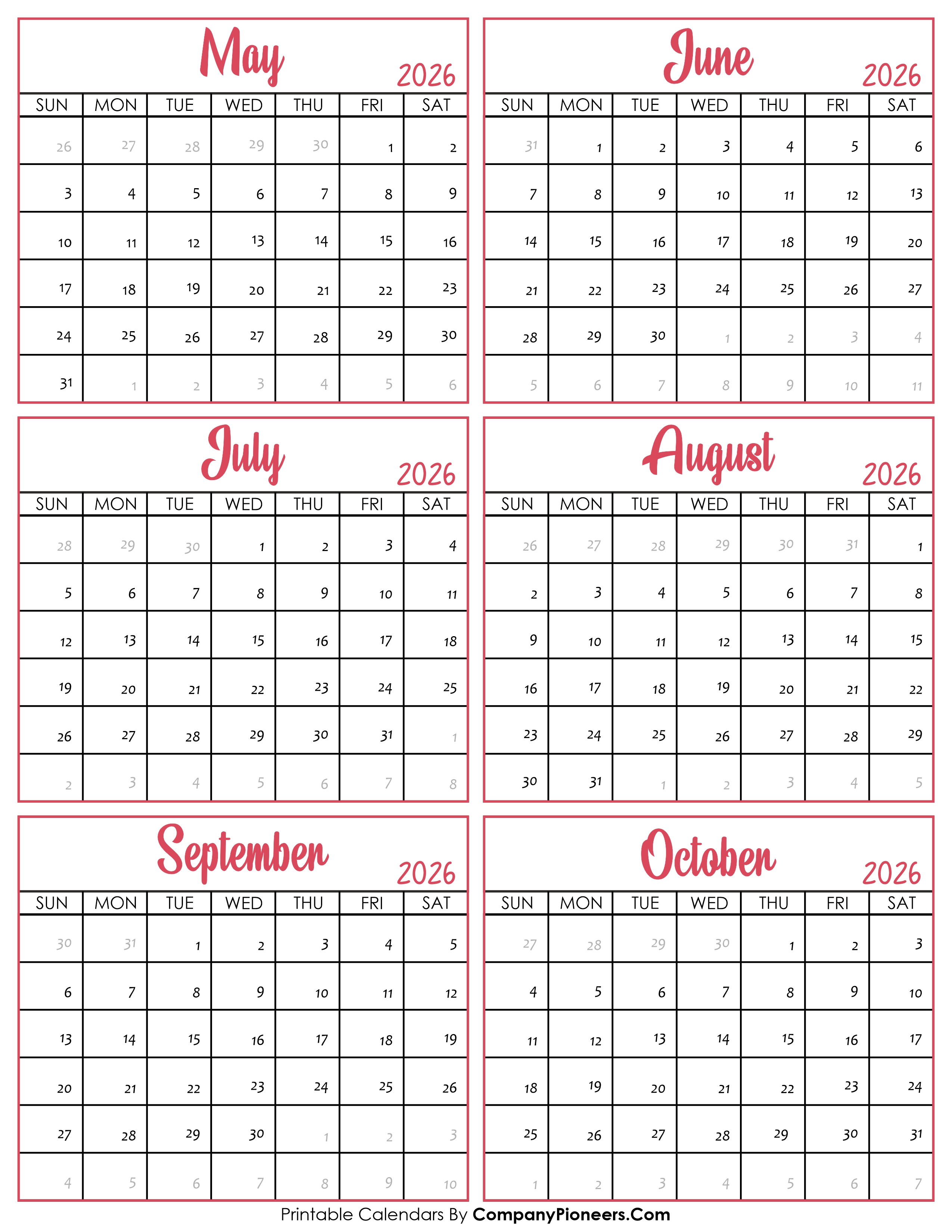 Calendar May to October 2026