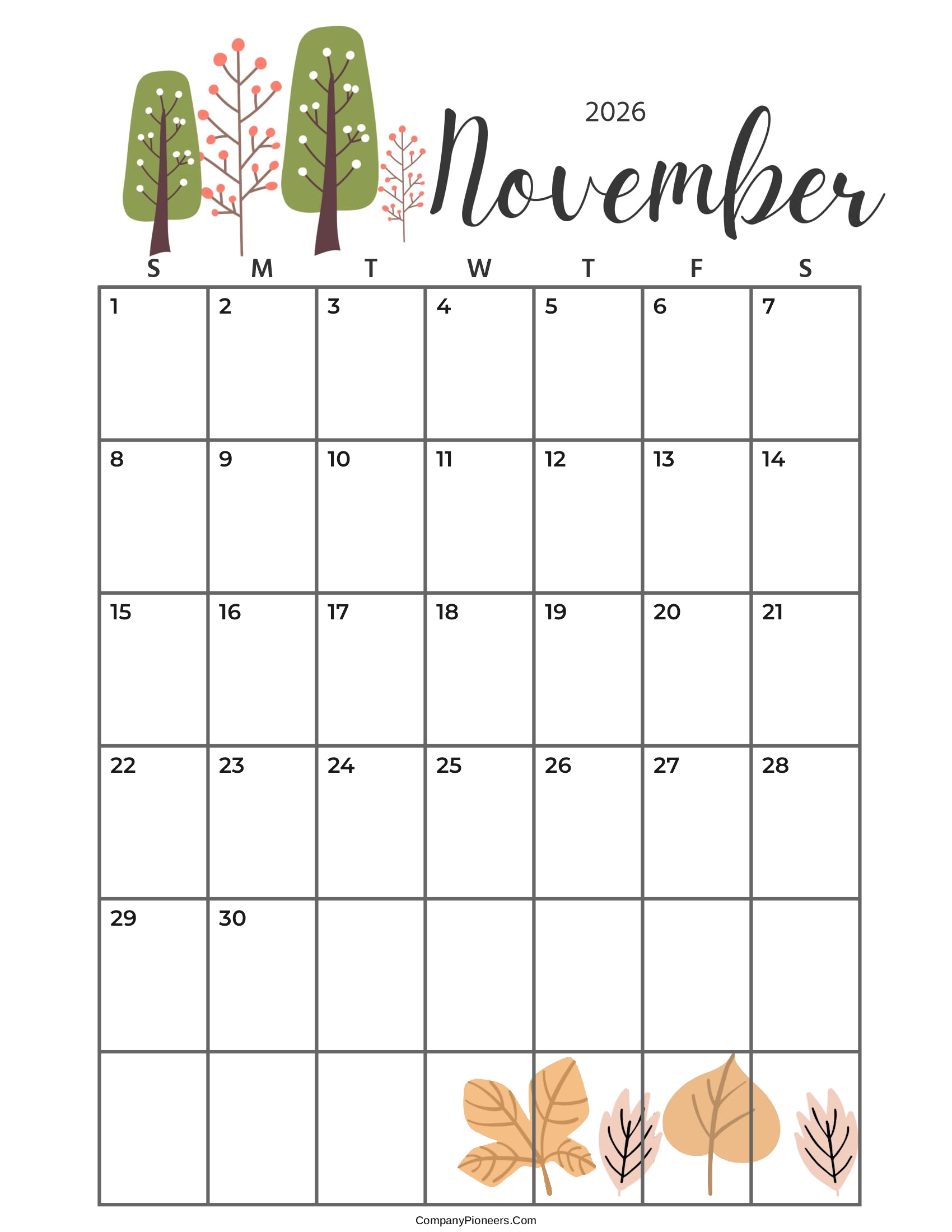 Calendar November 2026 Cute Cactus Leaves