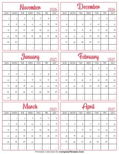 Calendar November 2026 to April 2027