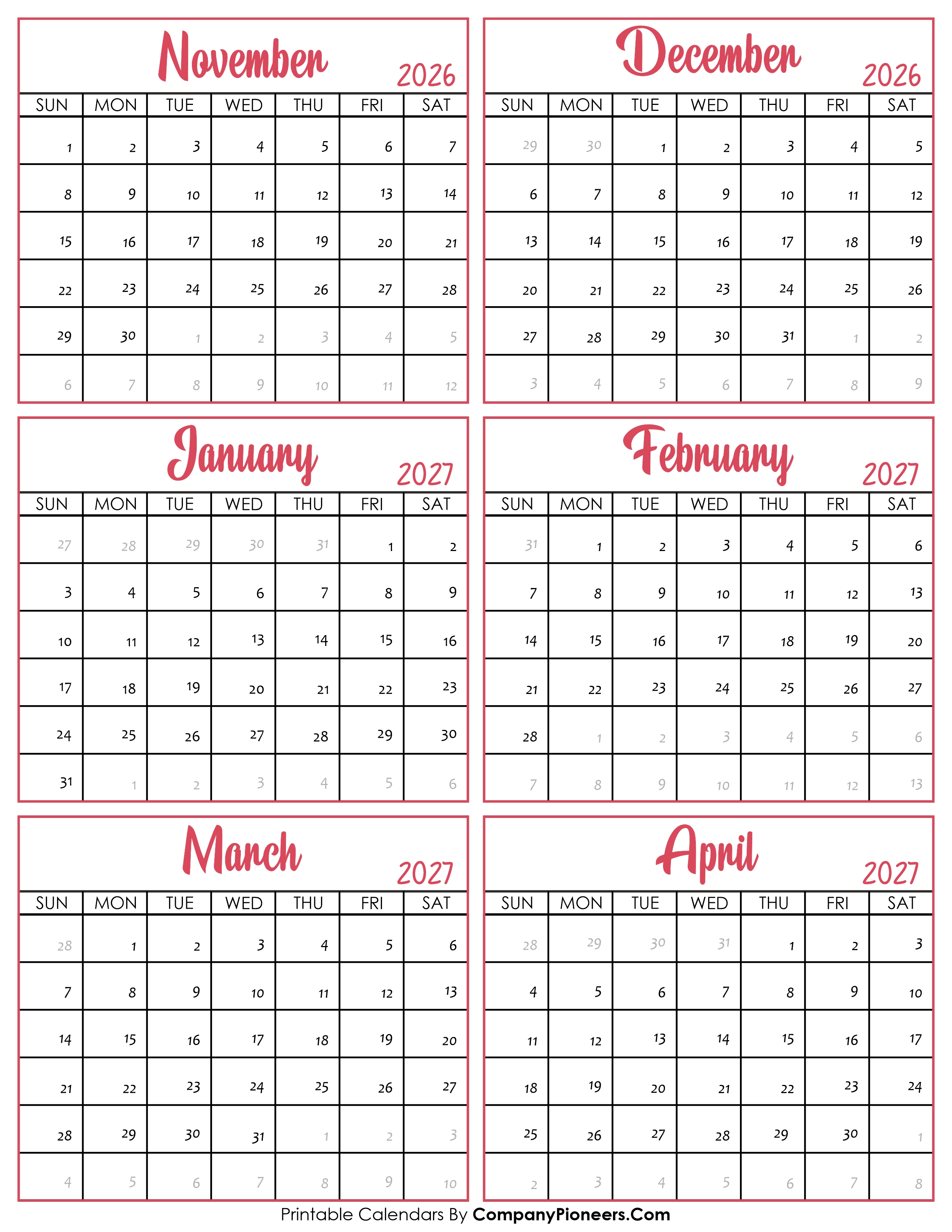 Calendar November 2026 to April 2027