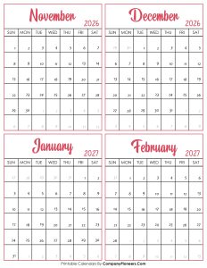 Calendar November 2026 to February 2027