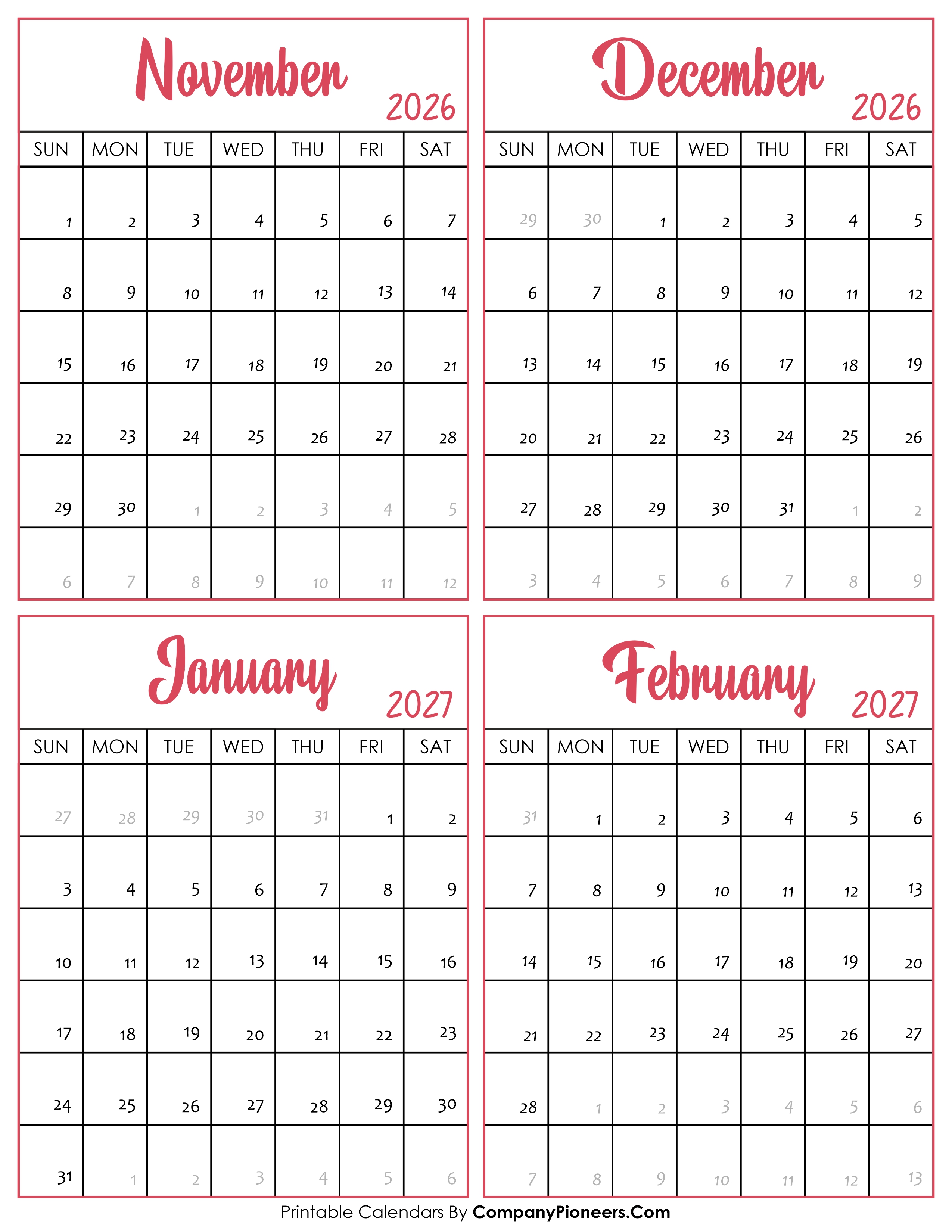 Calendar November 2026 to February 2027