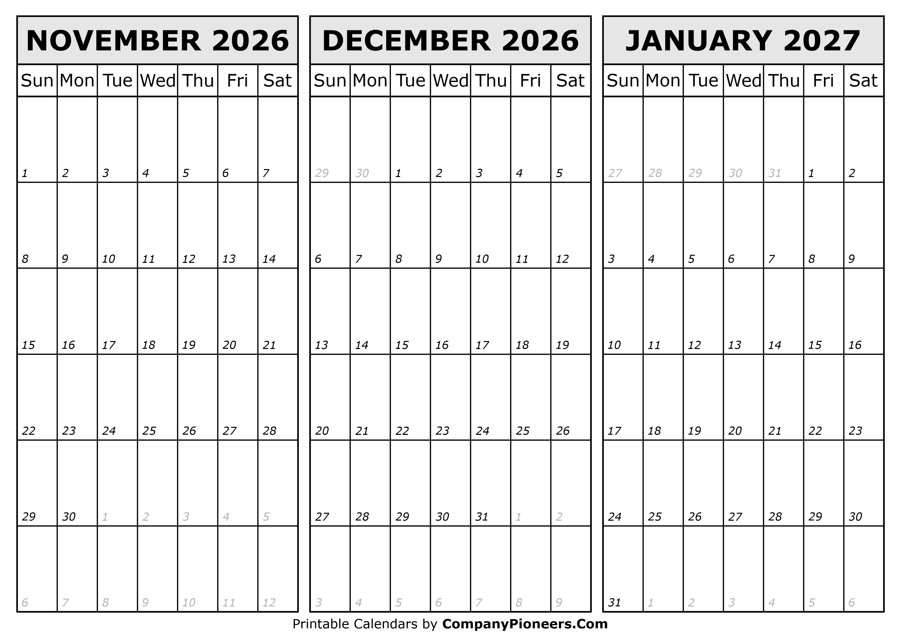 Calendar November 2026 to January 2027