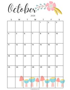 Calendar October 2026 Cute Cactus Leaves