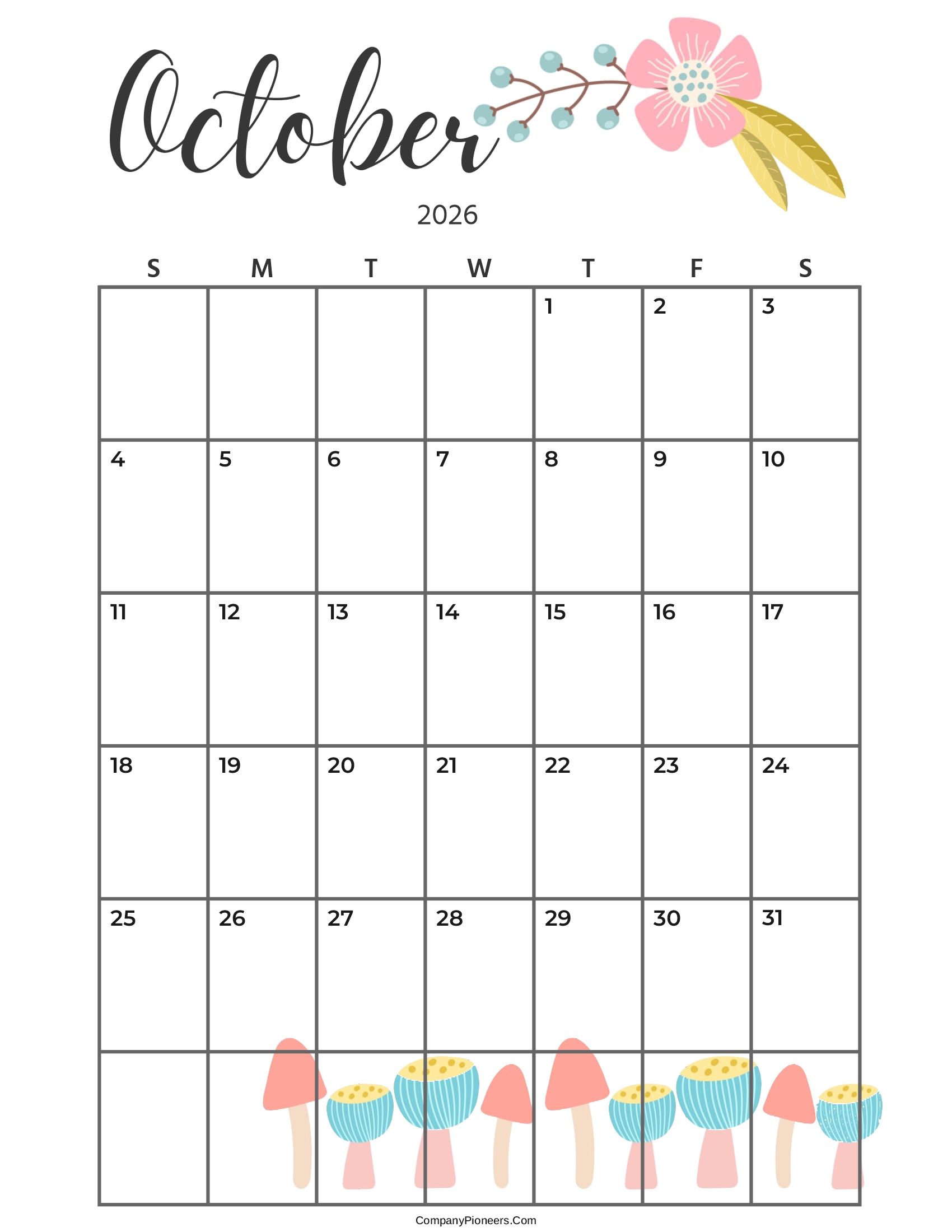 Calendar October 2026 Cute Cactus Leaves