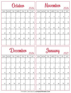 Calendar October 2026 to January 2027