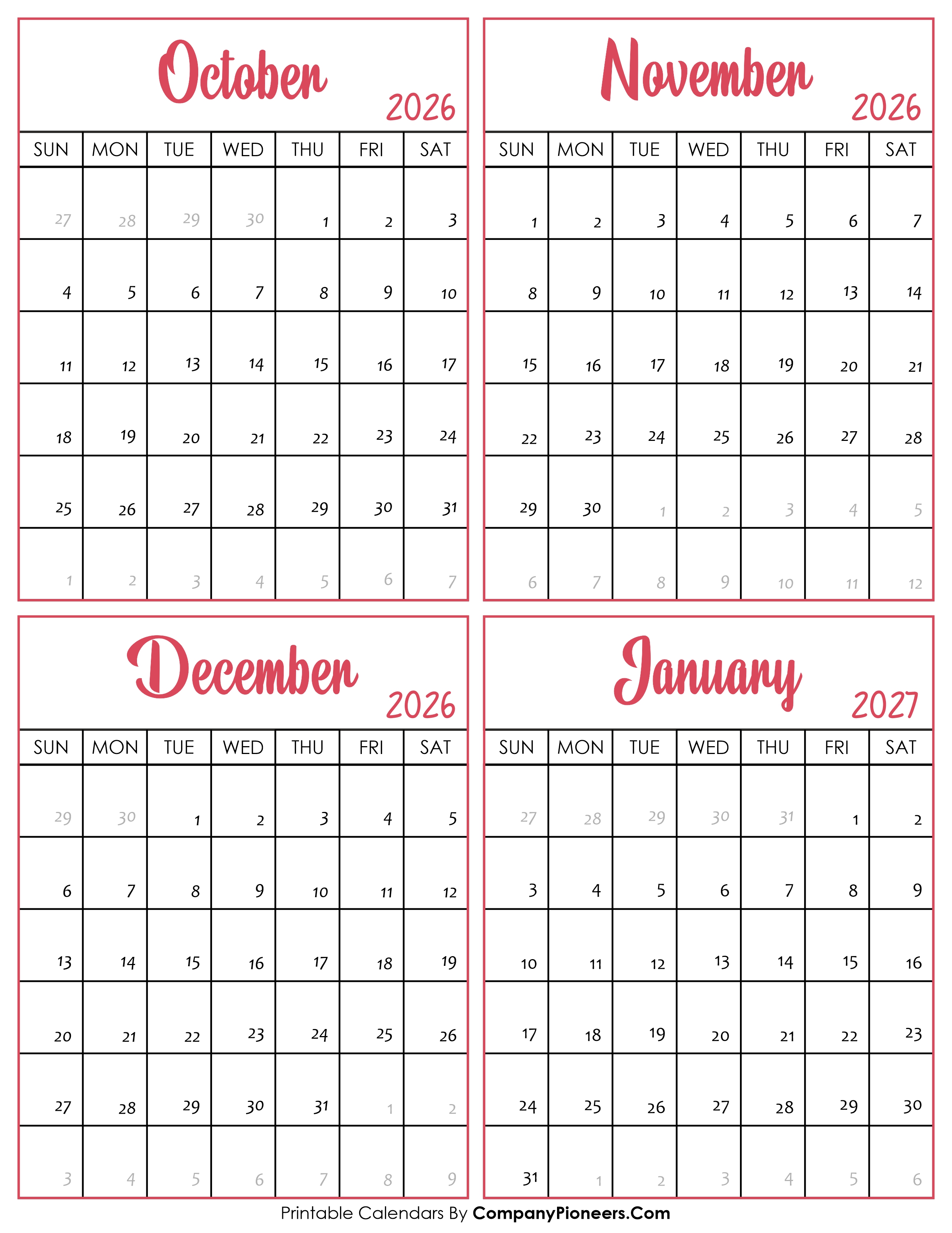 Calendar October 2026 to January 2027
