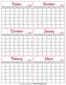 Calendar October 2026 to March 2027