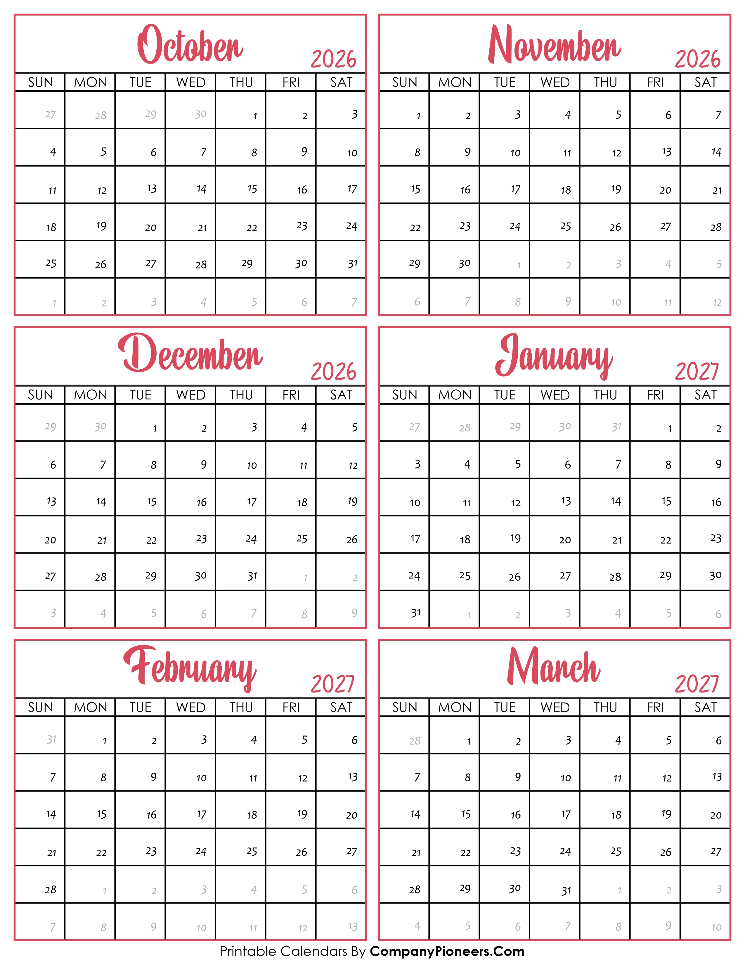 Calendar October 2026 to March 2027