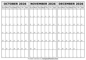 Calendar October November December 2026
