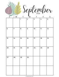 Calendar September 2026 Cute Cactus Leaves