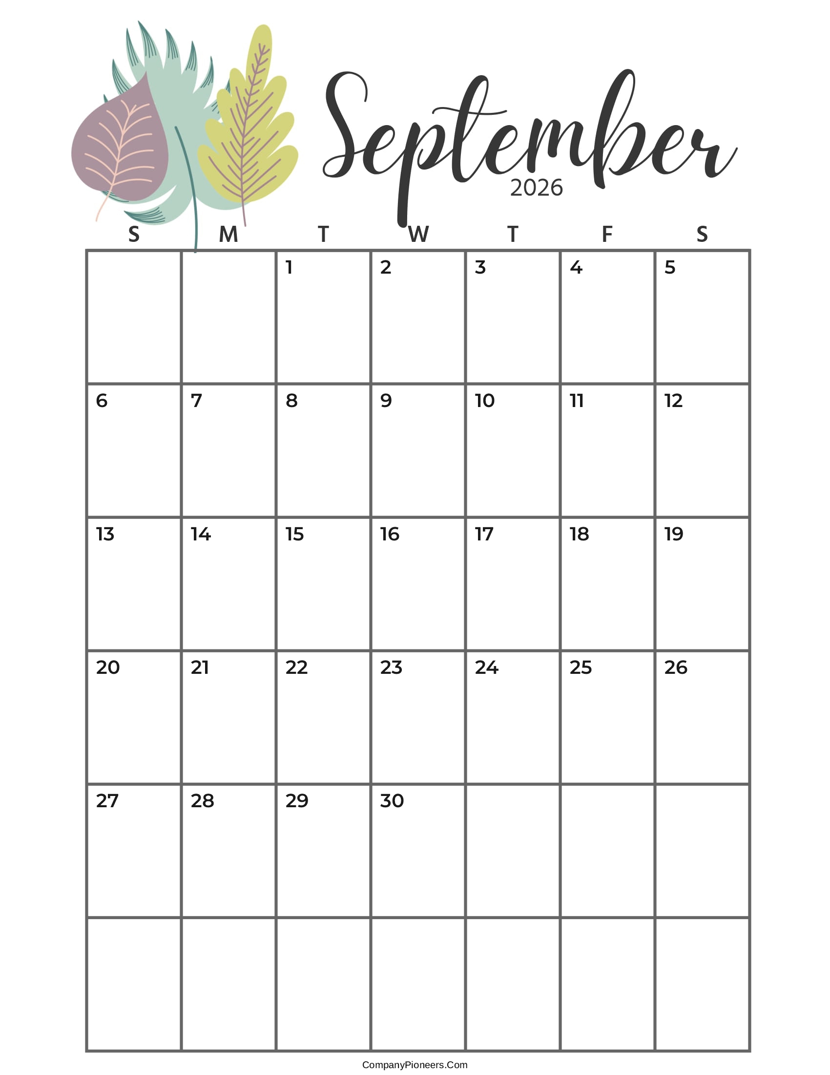 Calendar September 2026 Cute Cactus Leaves